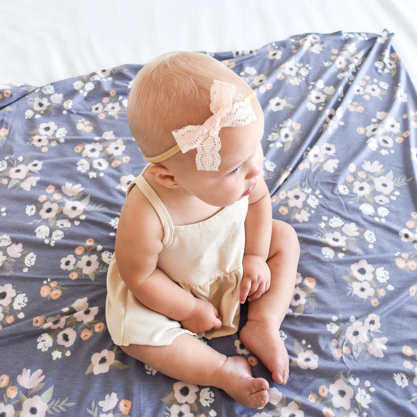 Evelyn light peach pink lacey bow accessory on big baby girl