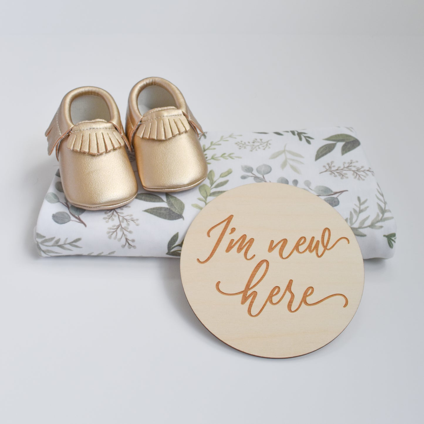 best baby gift set village baby moccasins, swaddle, and I'm new here sign