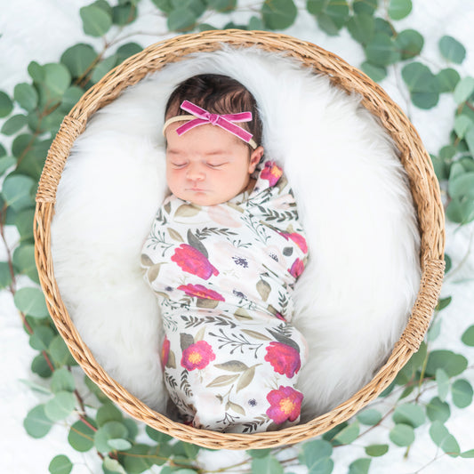 Extra Soft Stretchy Knit Swaddle Blanket: Fuchsia Florals