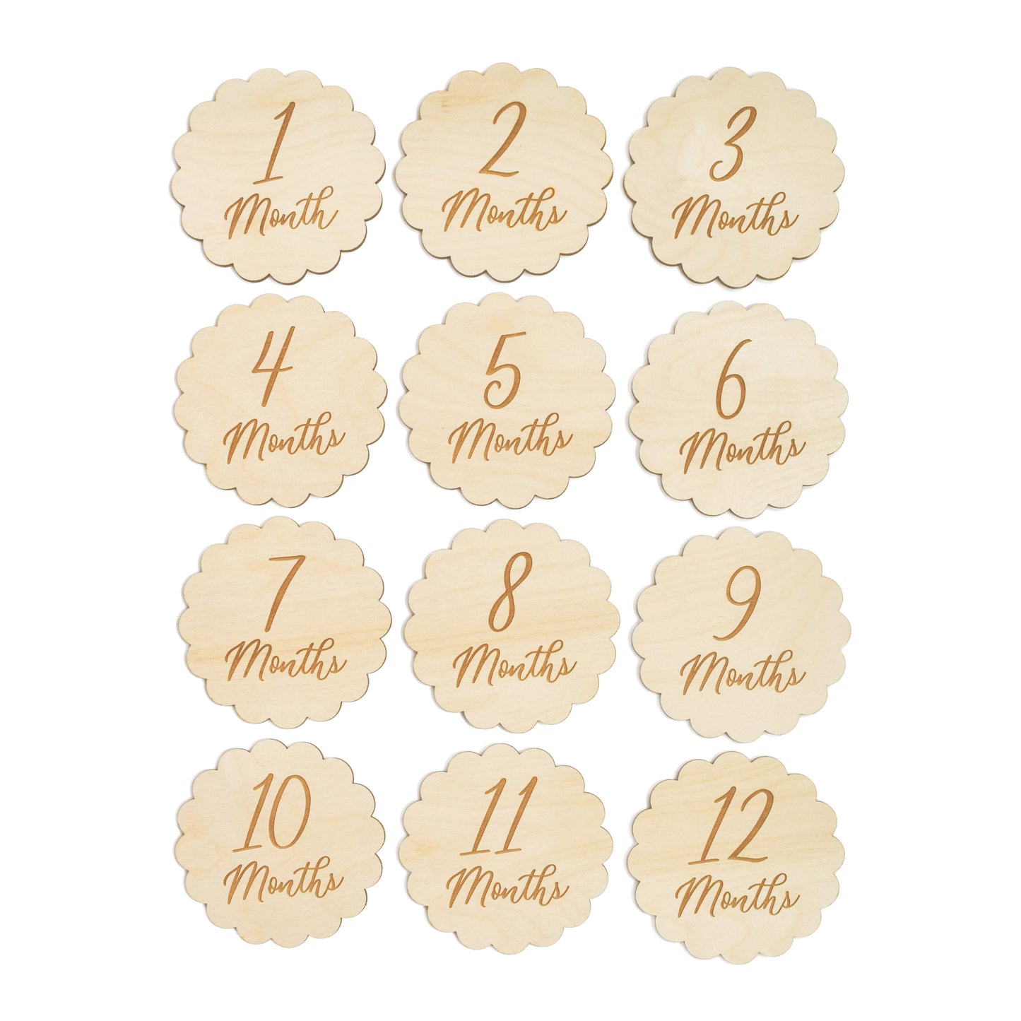 set of twelve village baby milestone signs for baby with script font and scalloped edge