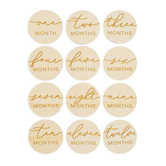 simple modern round monthly milestones engraved wood set for baby gift