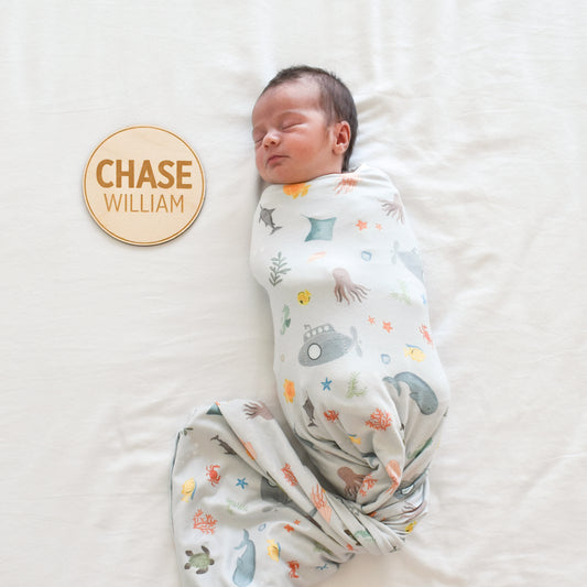 newborn photo with round name sign