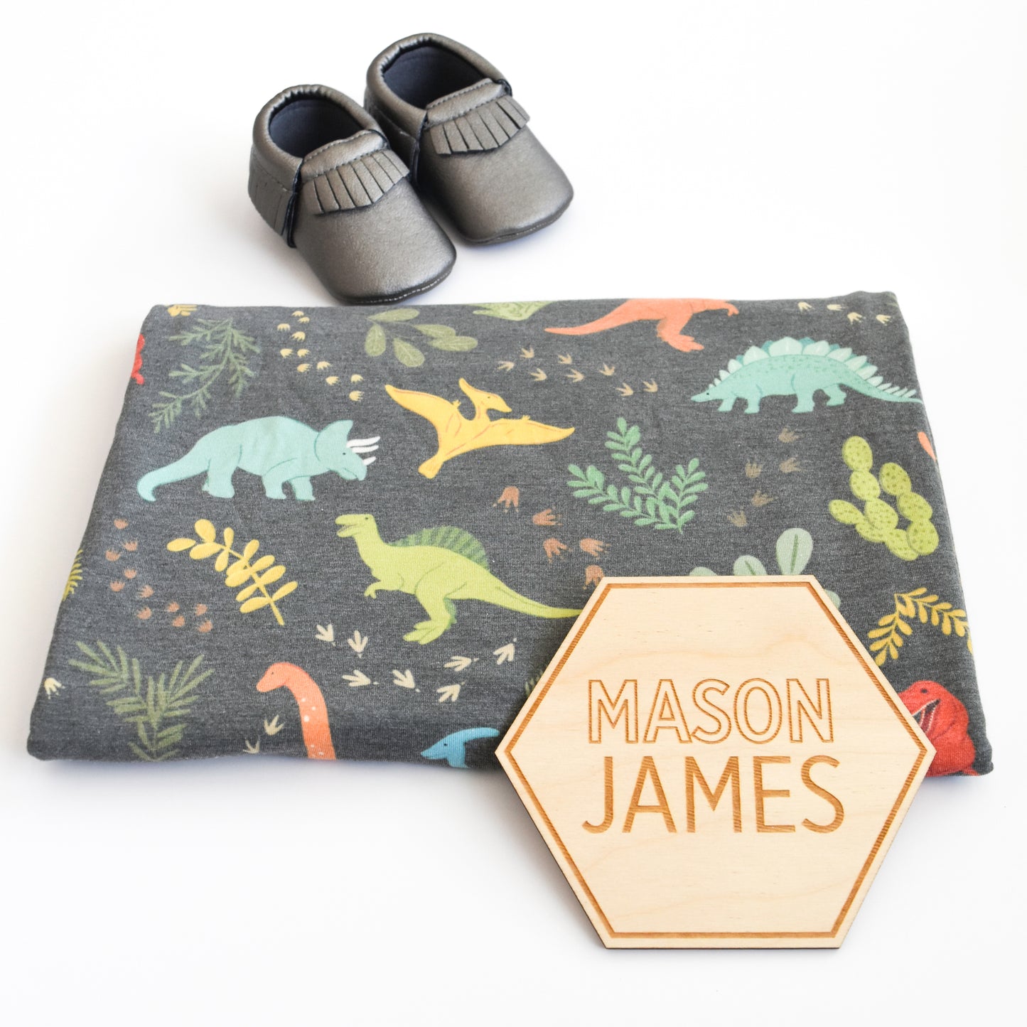 baby moccasins shoes with dinosaur blanket and custom wood name sign