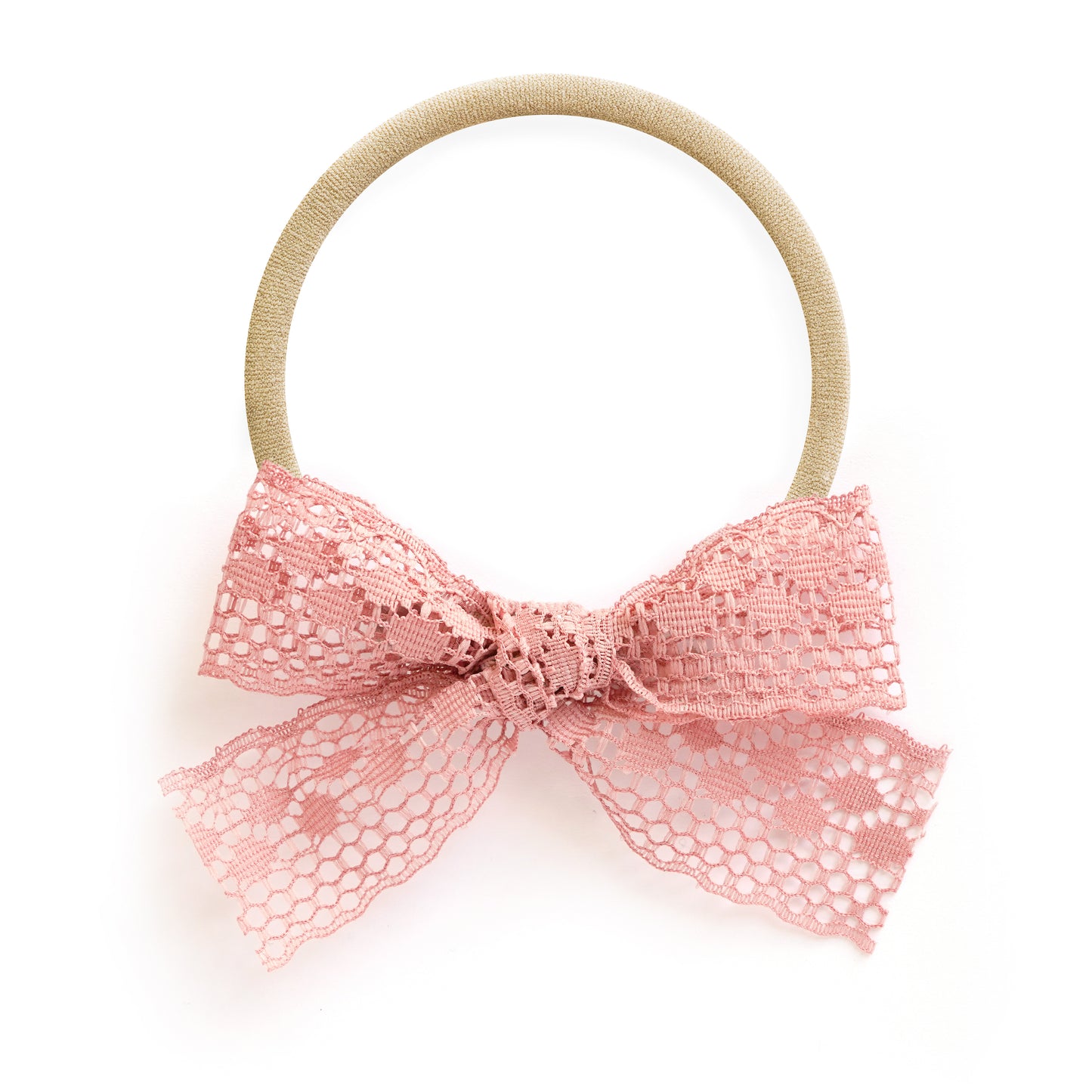 stretchy one size fits all baby headband with dusty soft blush pink lace bow