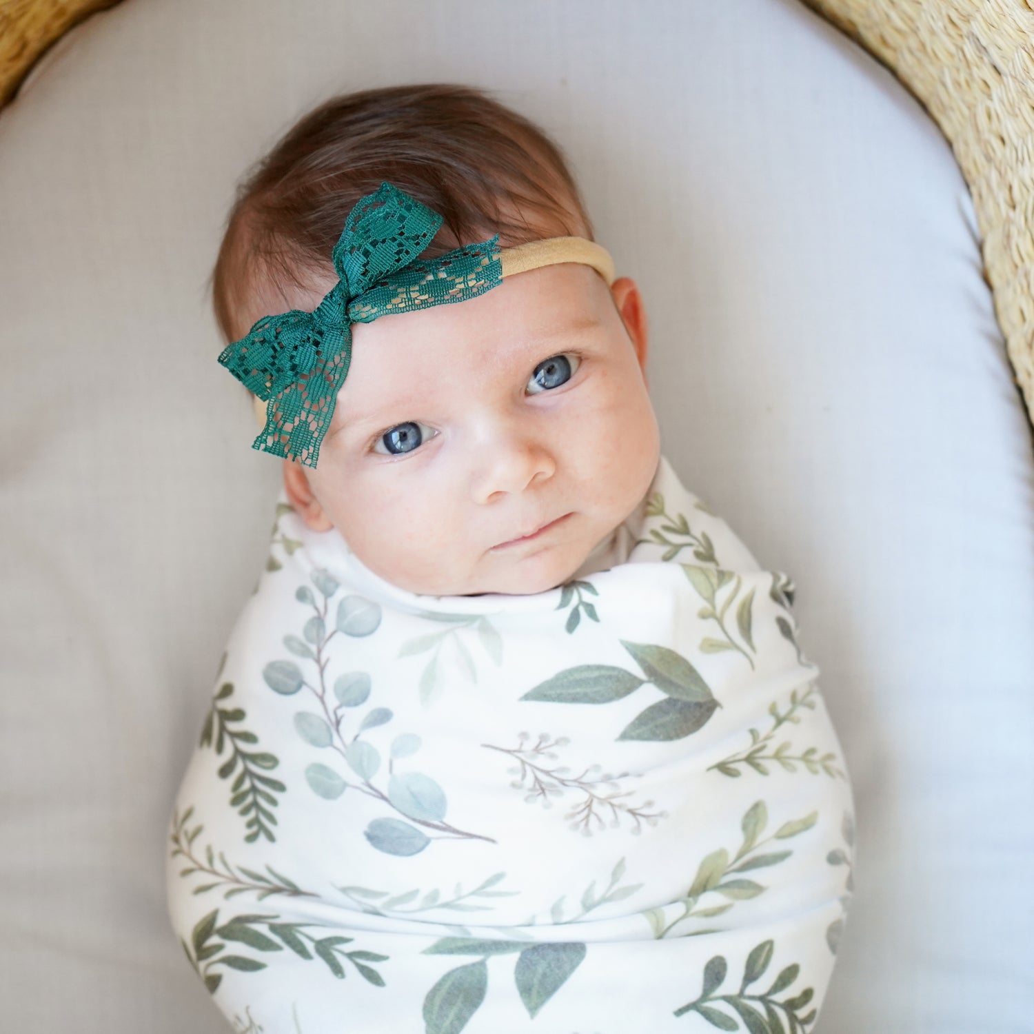 newborn photography greenery swaddle and green bow headband baby bassinet