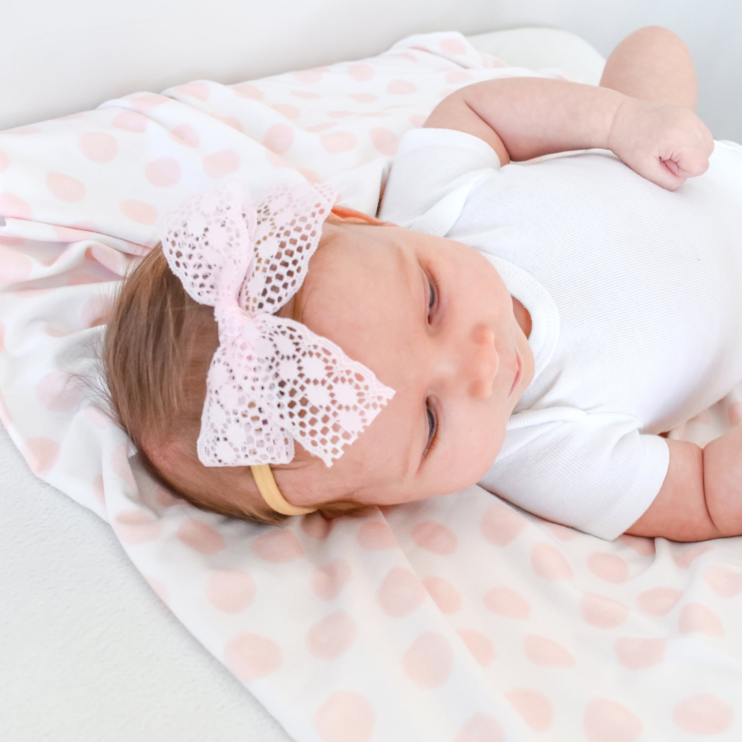 lace bow on baby toddler girl gift shower accessories headband clip swaddle polka dots