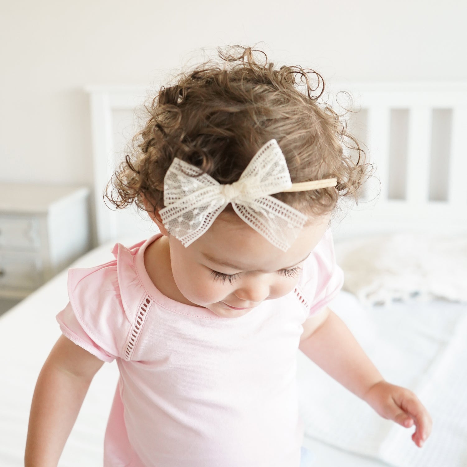 Cream ivory off white Lace headband with bow on little girl