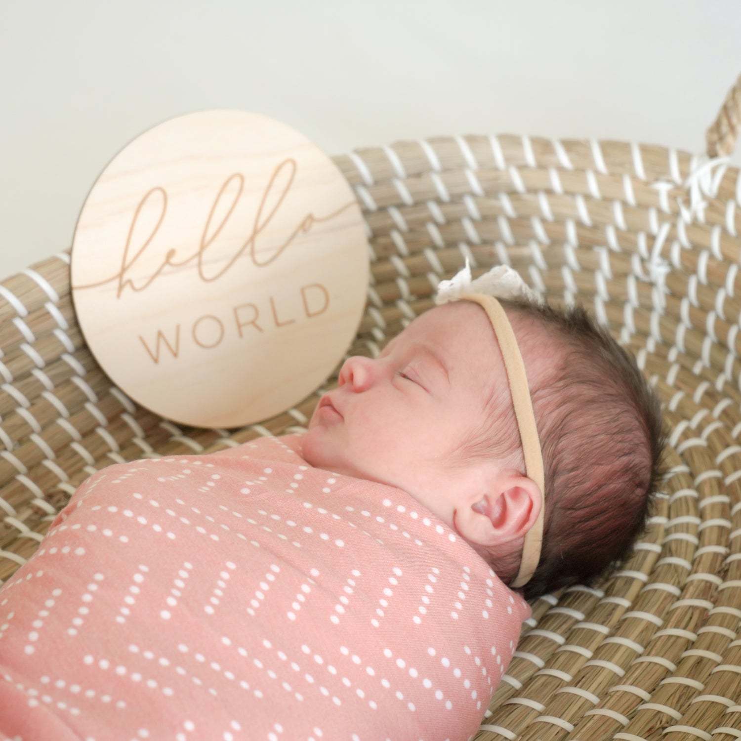 newborn baby announcement with hello world sign in bassinet and swaddle photography