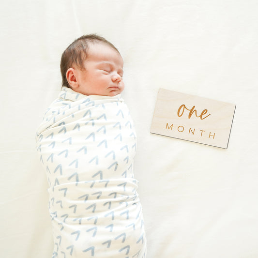 wrapped baby boy next to one month sign photo prop