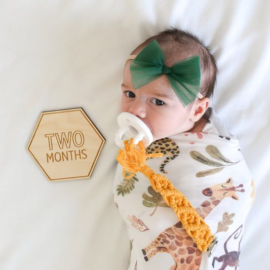 baby girl with bow, pacifier, and two months wood sign