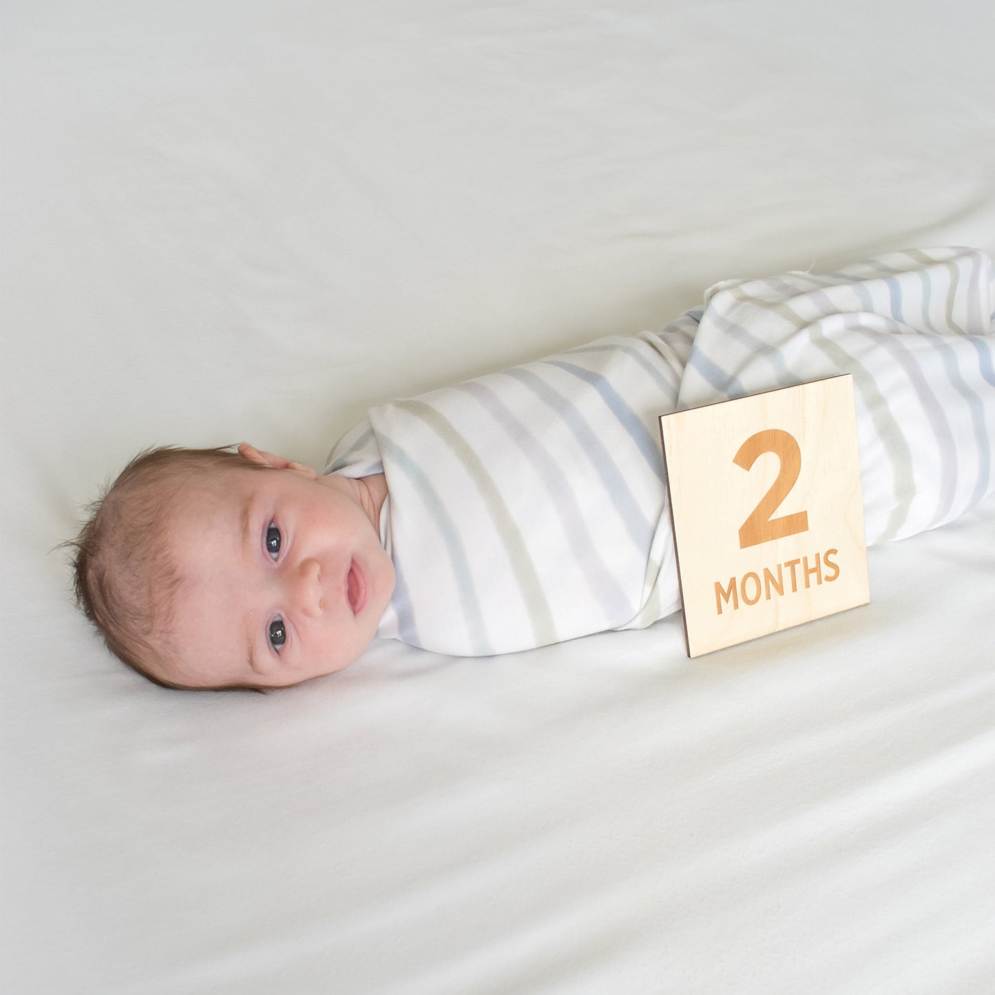 baby with blanket and two month old milestone sign