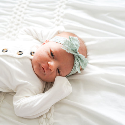 Stretch Lace Bow Headband for Babies: Sage