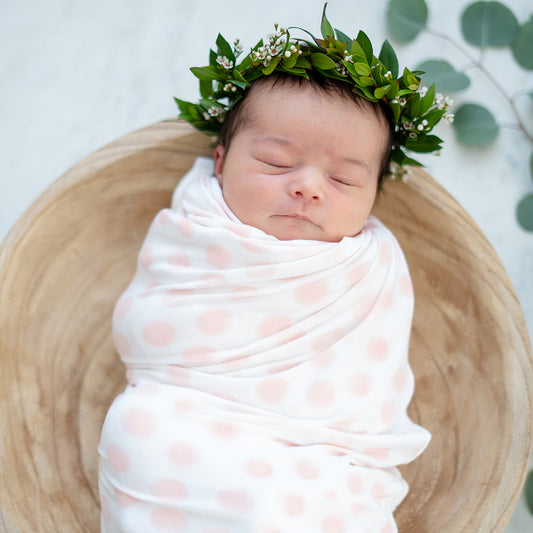 Extra Soft Stretchy Knit Swaddle Blanket: Blush Dottie