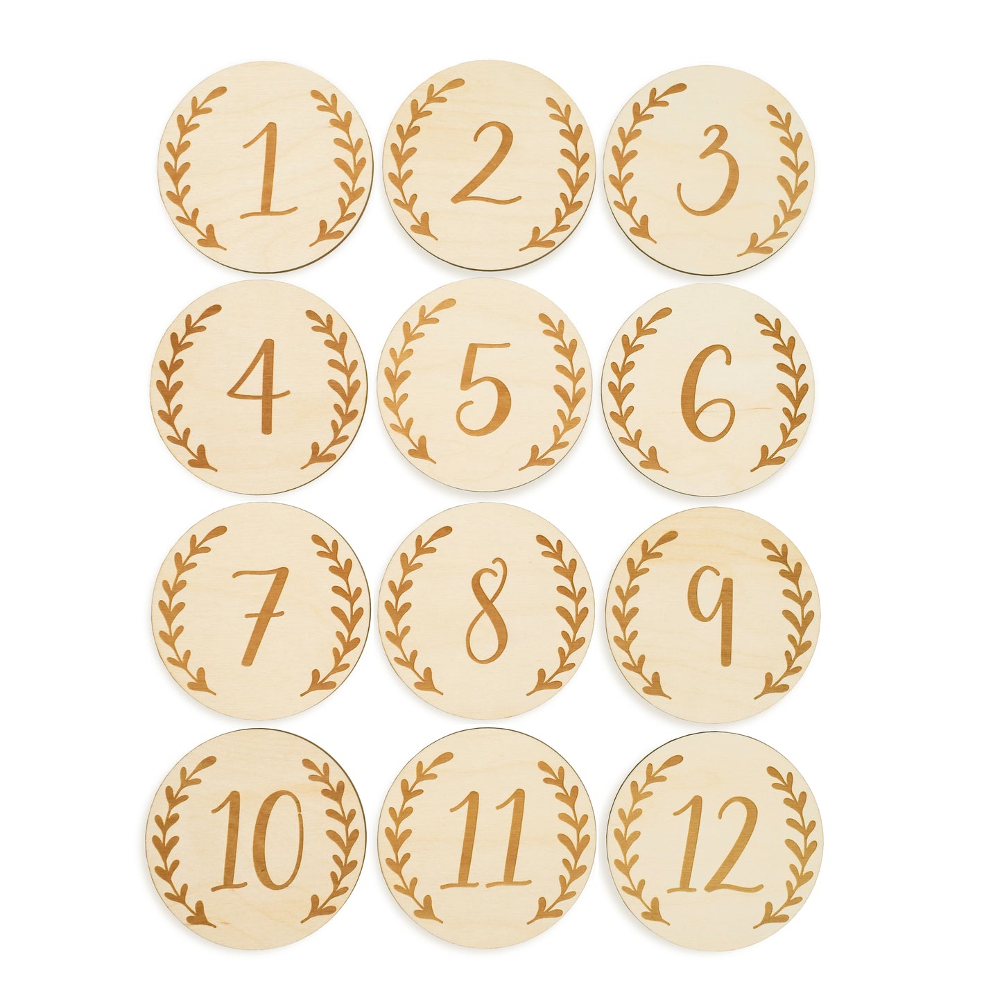 12 wooden disc baby monthly milestone set leaves graceful greenery laser cut engraved