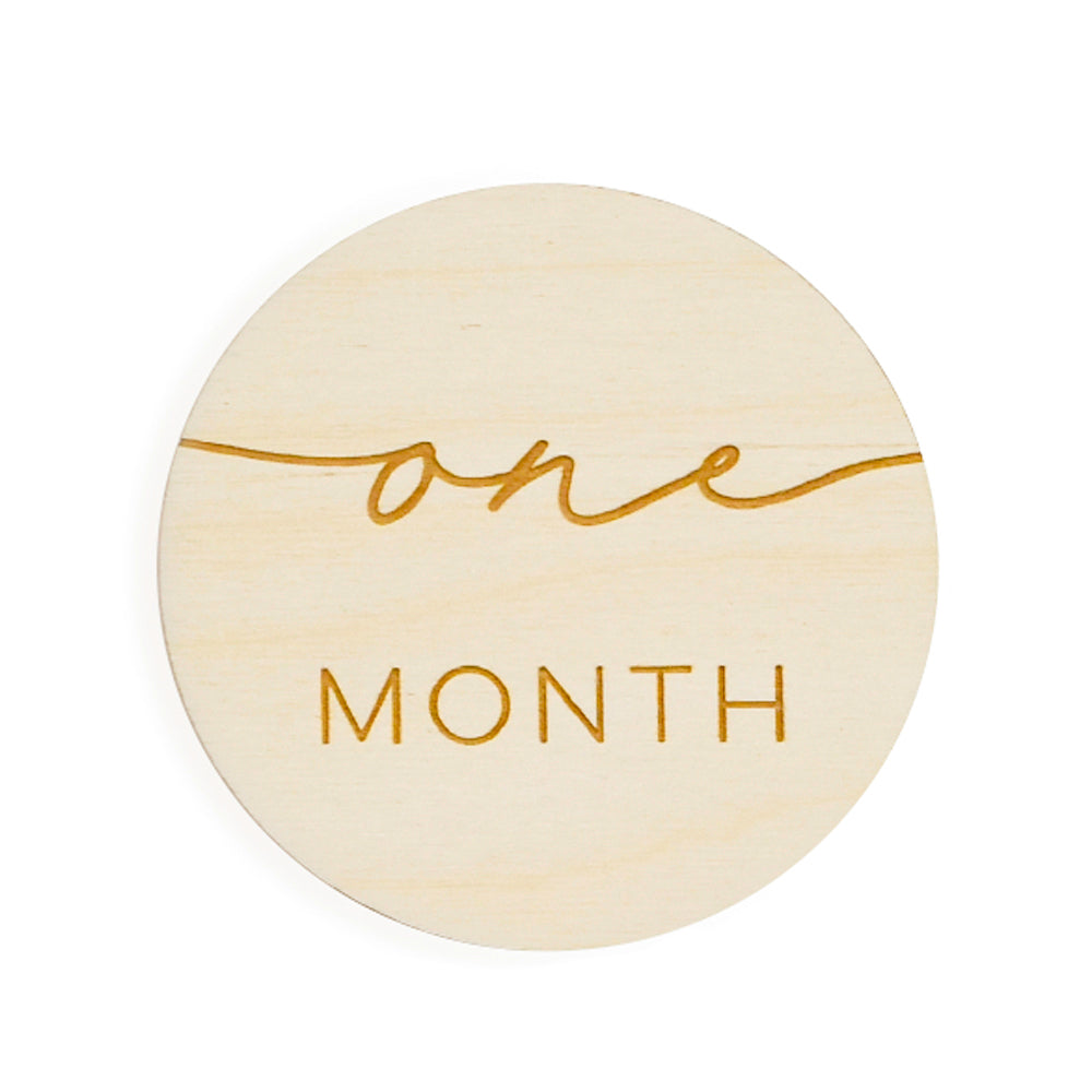 simple modern round monthly milestones engraved wood baby one month old