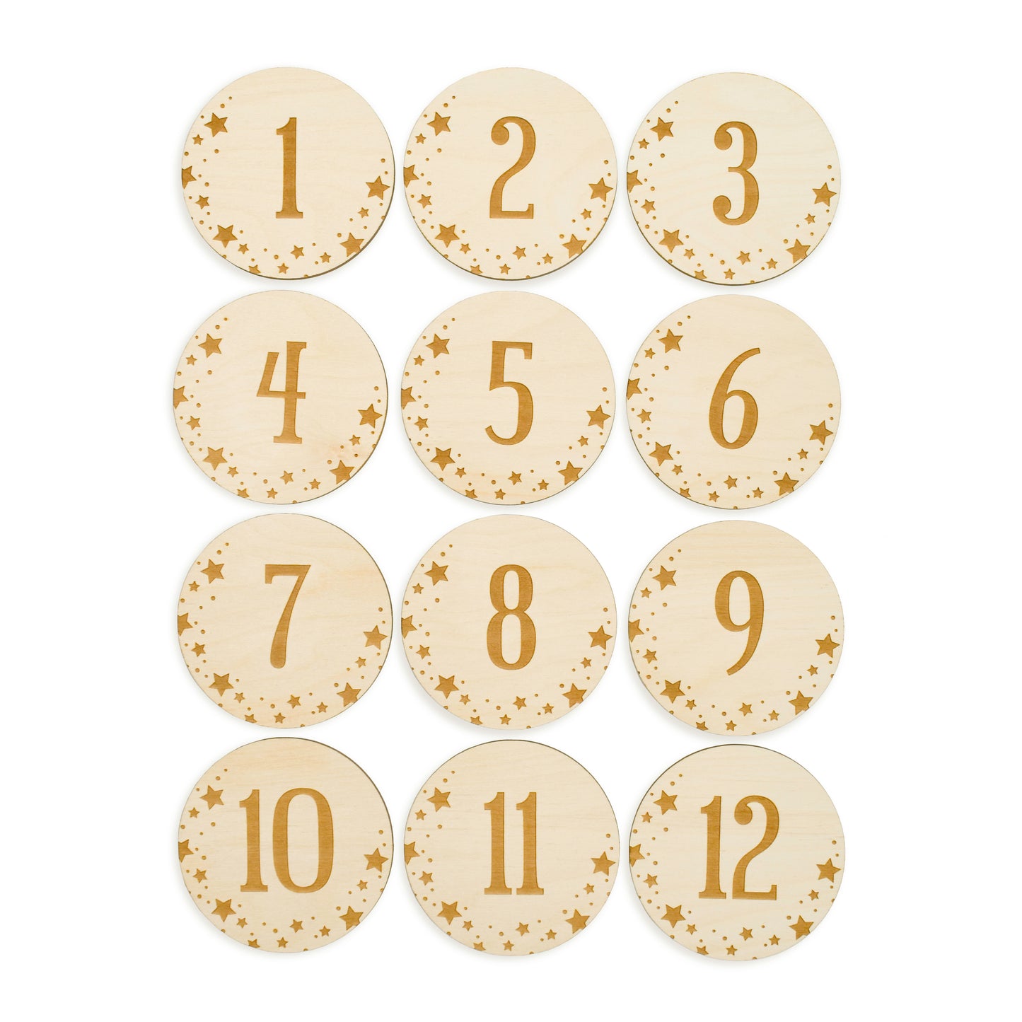 set of 12 monthly baby milestone signs with stars decoration on edges