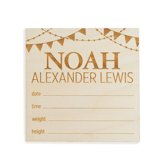 village baby custom name engraved wood sign with celebration banner bunting motif and birth stats