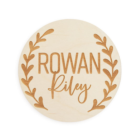 village baby custom engraved wood baby name sign with leaves vines motif