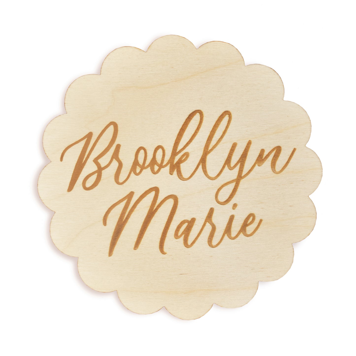 village baby custom wood engraved name sign for baby with scalloped edge and script font