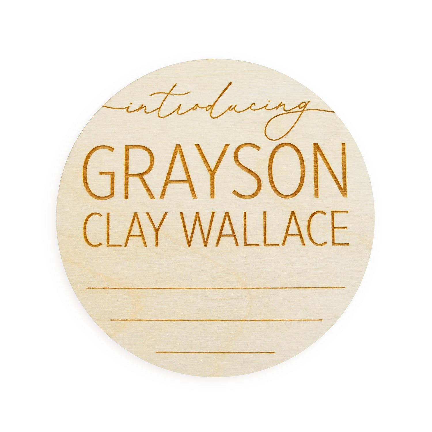 village baby engraved wood name sign with lines for birth statistics