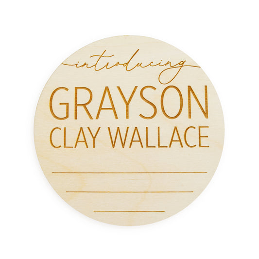 village baby engraved wood name sign with lines for birth statistics