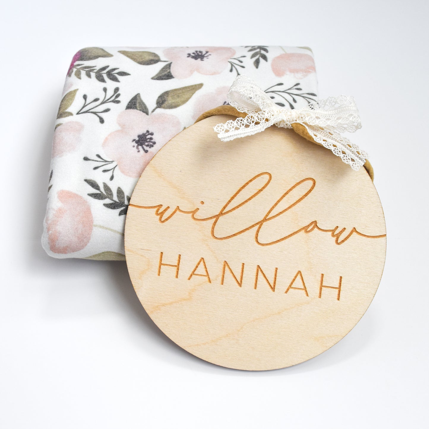 super cute wooden name sign for baby announcement with bow and blanket