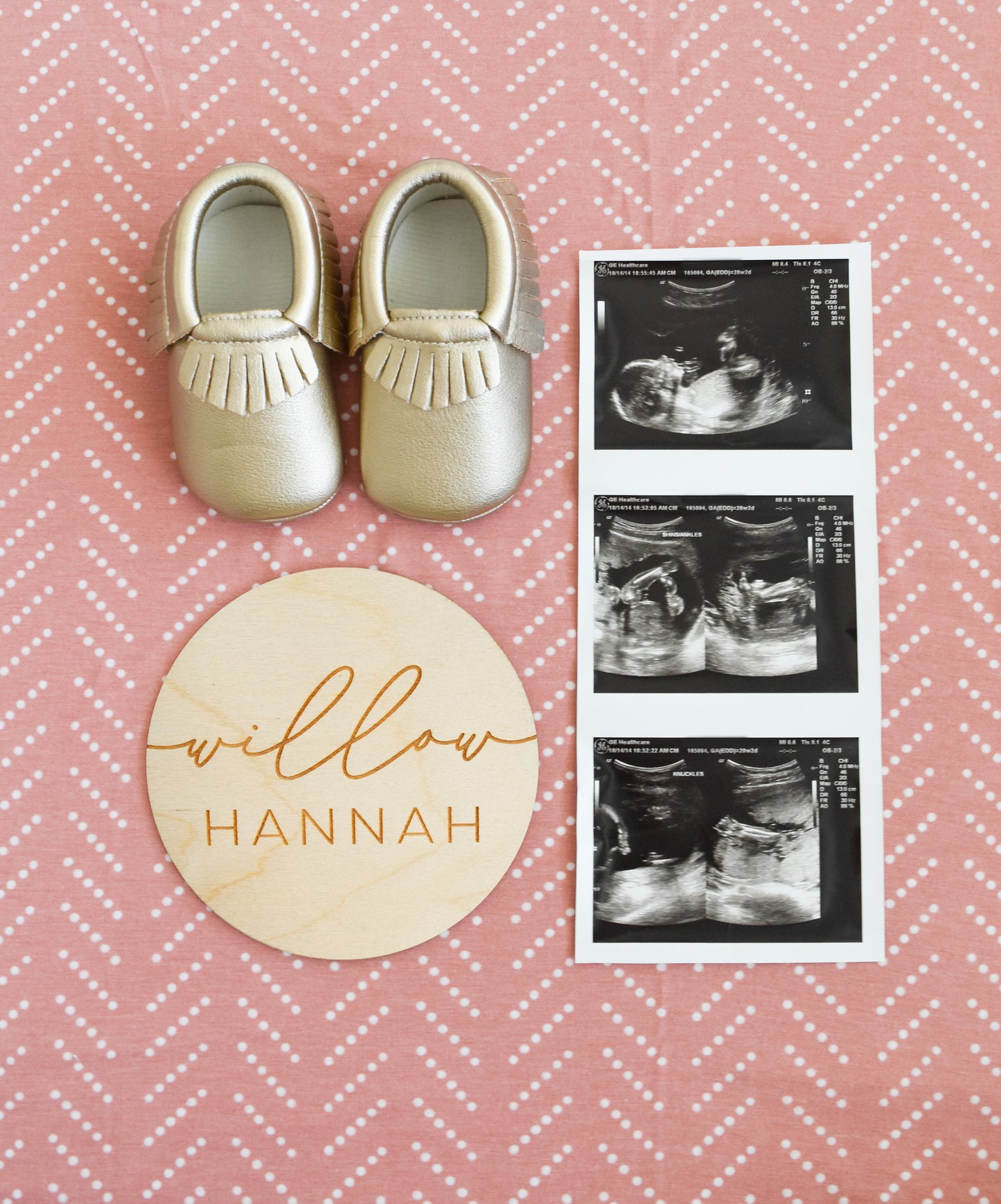 pregnancy announcement baby ultrasound baby shoes and engraved wood name sign