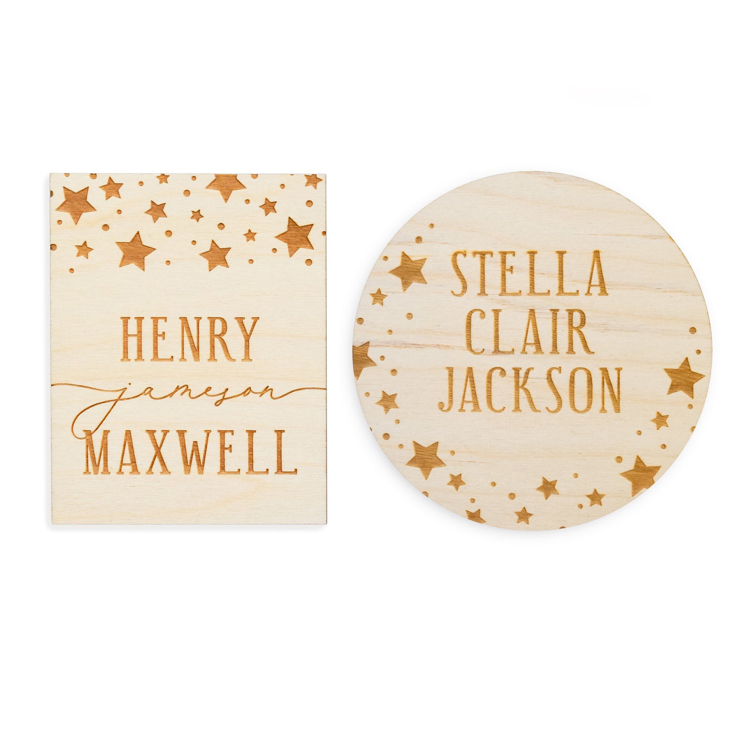 village baby starry dreams wooden custom name signs rectangle and circle options