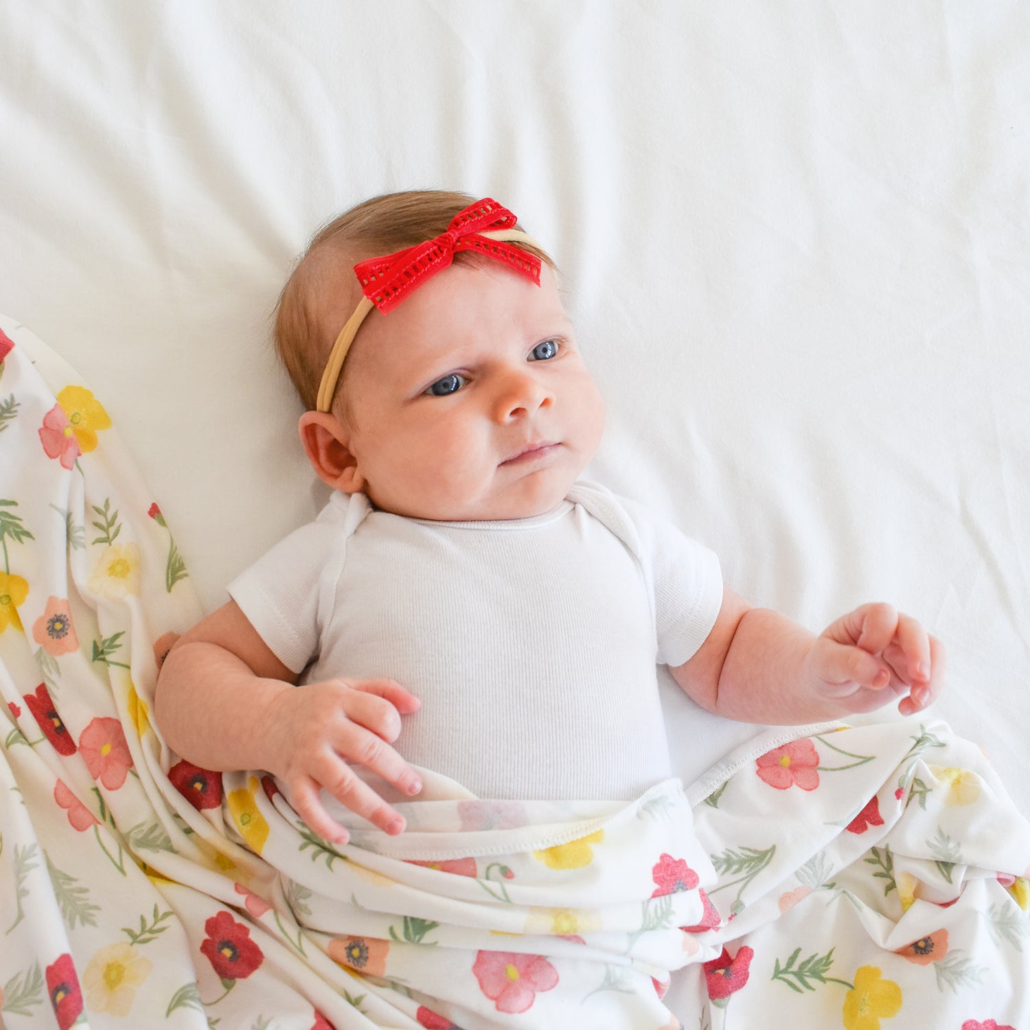 baby swaddle and bow playful poppies red scarlet headband