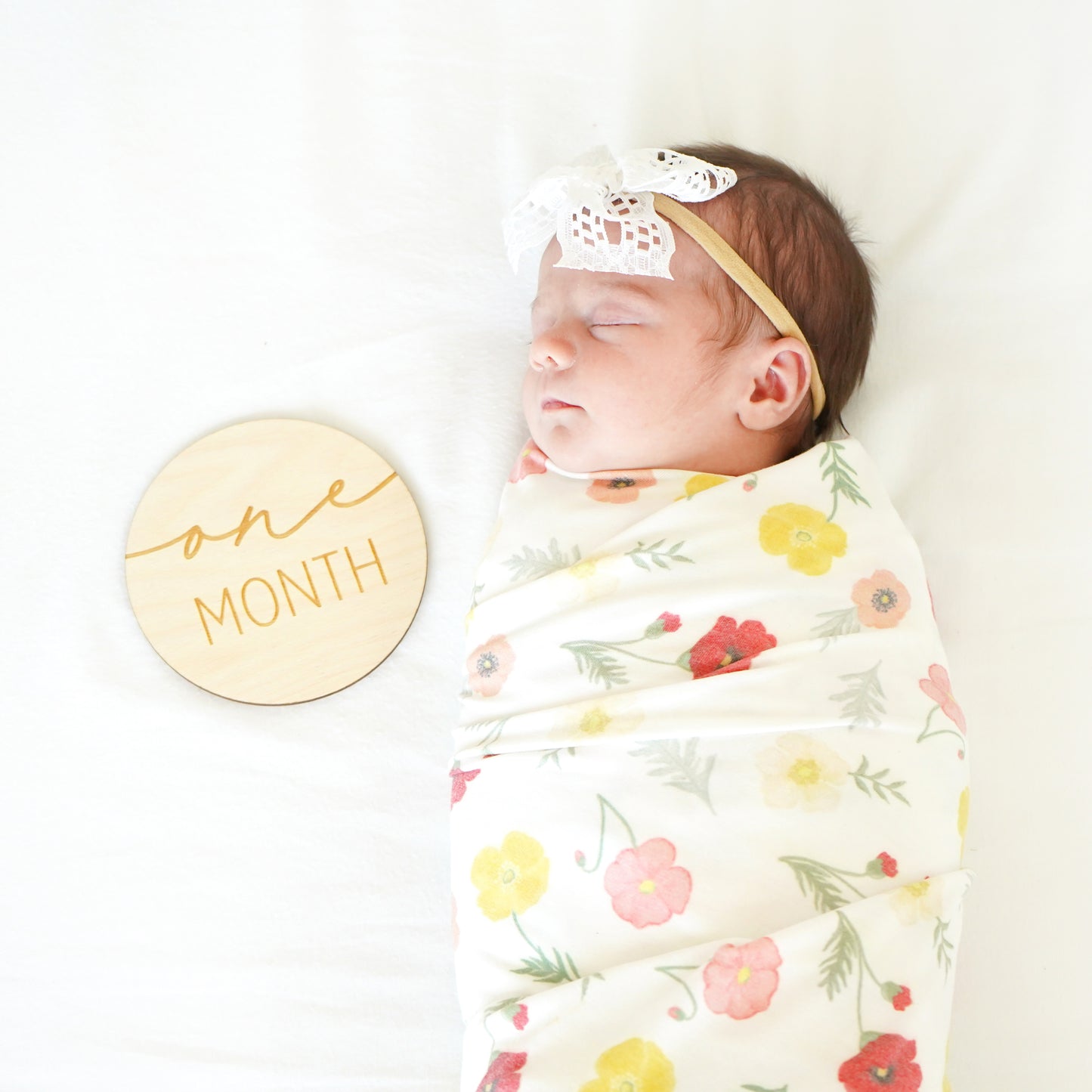 baby with one month sign, swaddle blanket, bow headband, sleeping, set, gift baby shower